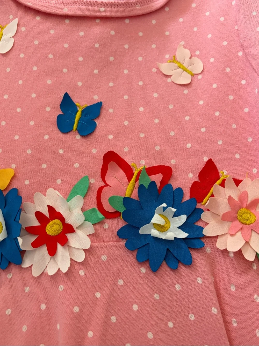 Mini Boden Pink Polka Dot Dress with Colorful Floral & Butterfly Appliqués